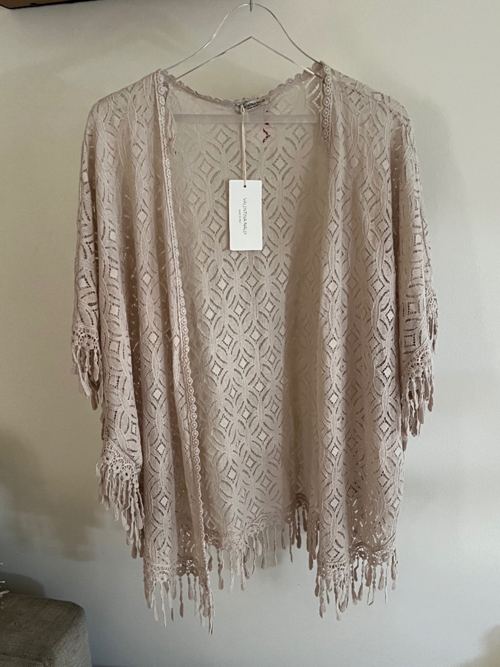 🪞 NWT sand lace open front cover up kimono with fringe trim detail